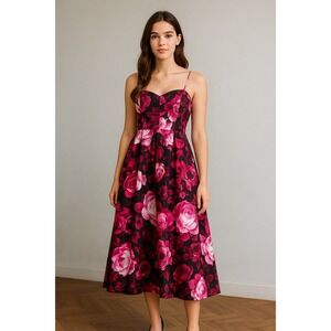 Jump Apparel Dress Womens 7/8 Pink Black Floral‎ Midi Strapless Pullover Vintage